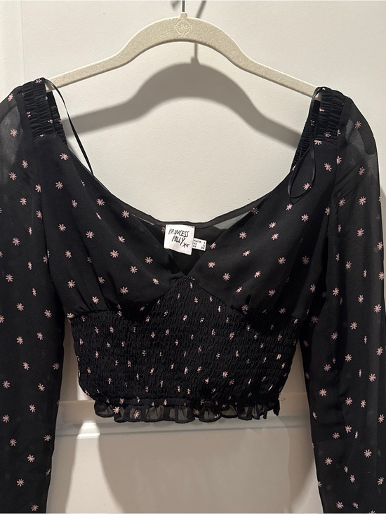Princess Polly Tops - Princess Polly Black Smocked Crop Top with Pink Star Ditsy